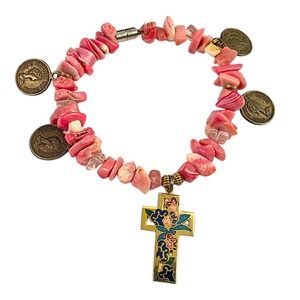Vintage Rhodochrosite Chip Bracelet Enamel Floral Cross Queen Elizabeth II Coins